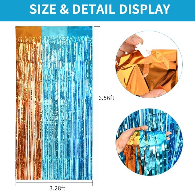 TONIFUL Orange Blue Door Streamers,Blue and Orange Photo Booth Backdrop Metallic Streamers Foil Fringe Curtain for Birthday,New Year,Graduation,Grad,Bachelorette Party Streamers Decoration