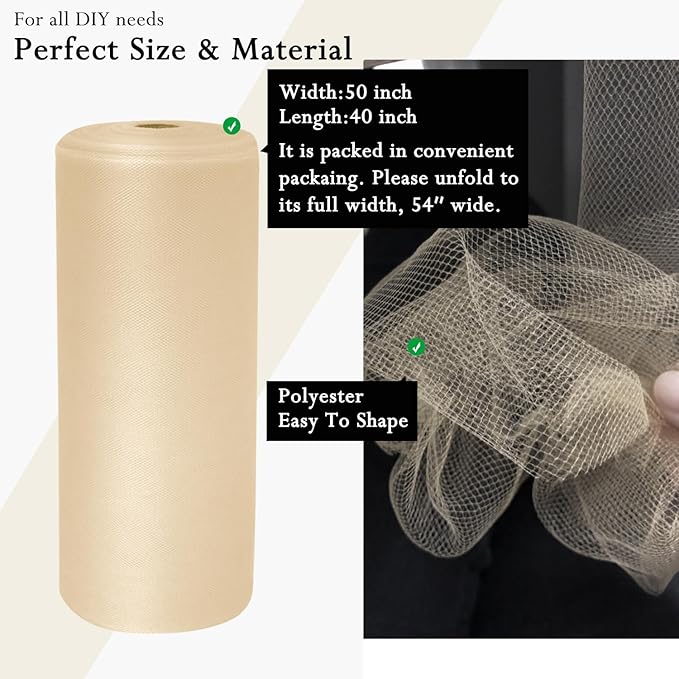Honey Beige Tulle Fabric Rolls 54 Inch by 40 Yards Tulle Bolt Spool for Wedding Decorations DIY Tutu Baby Shower Table Skirt Ceiling Decor Birthday Party Craft Supplies