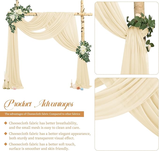 4 Panels Ivory Wedding Arch Draping Fabric Cheesecloth Fabric 35" x20FT Gauze Fabric Arch Drapes for Wedding Reception Sheer Backdrop Photo Background Household Curtain or Out Door Curtain