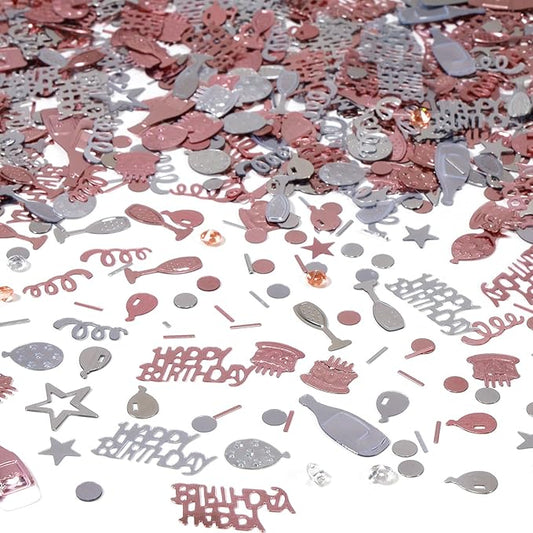 Rose Gold and Silver Happy Birthday Confetti, 3000 Pcs Birthday Cake Table Metallic Foil Confetti Party Table Decor for Party, Baby Shower, DIY Arts and Crafting