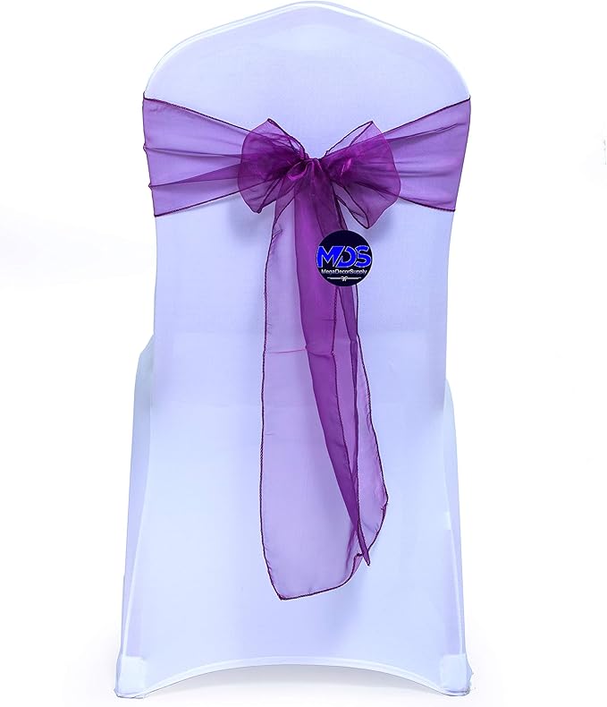 MDS Pack of 100 PCS Organza Chair Sashes Wider Dining Chair Bows Ribbon Tie Back for Wedding Party Birthday Bridal Shower Reception Event Banquet Home Chair Cover Decoration - Dark Purple