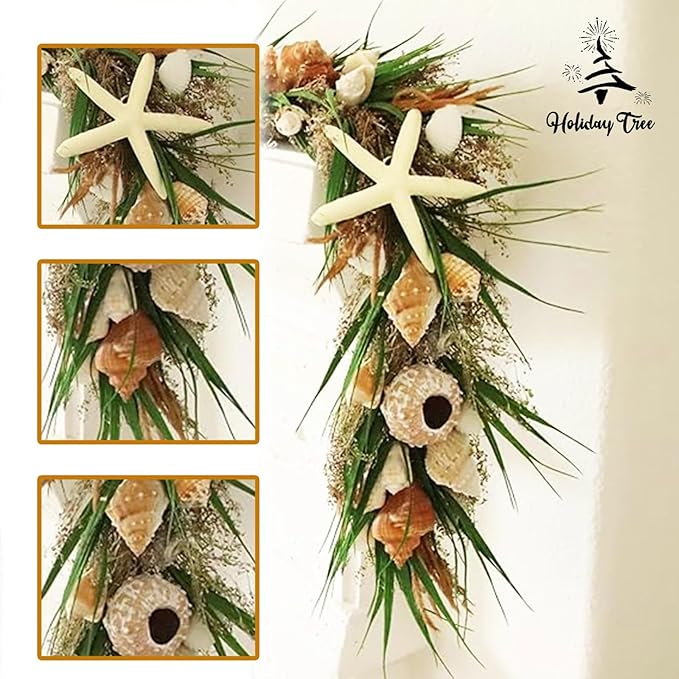 HOLIDAY TREE 5' Shell Arrangement Green Garland - Natural Shells, Green Faux Grass, Resin Starfish, Summer Coastal Decor for Mantel or Home | Premium Coastal Garlands for Decoration.