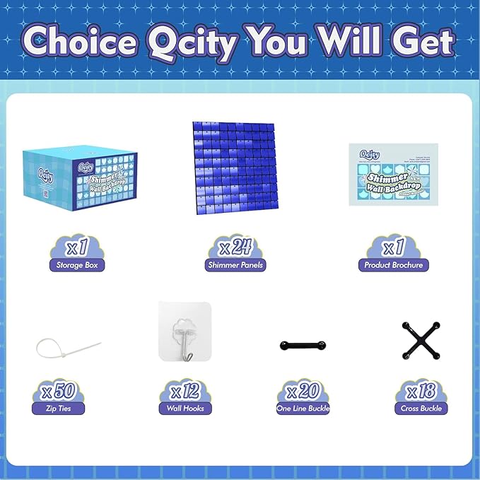 Qcity Blue Shimmer Wall Backdrop 24PCS, Black Back Not See-Through Design, Square Sequin Glitter Backdrop Panel, Perfect for Outdoor Events, Birthdays, Wedding and Party Decoration