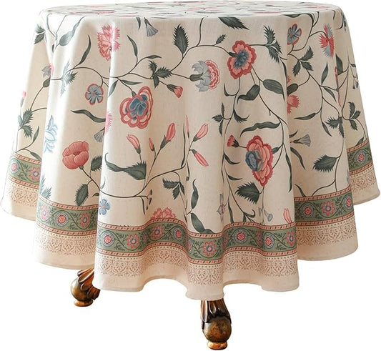 ISAENNE Designer Chinoiserie Linen Floral Small Round Tablecloth,White Wrinkle Resistant Table Cloth,Elegant Decor Tablecloths for Dining Thanksgiving Kitchen Christmas,Diameter 55"-Daffy