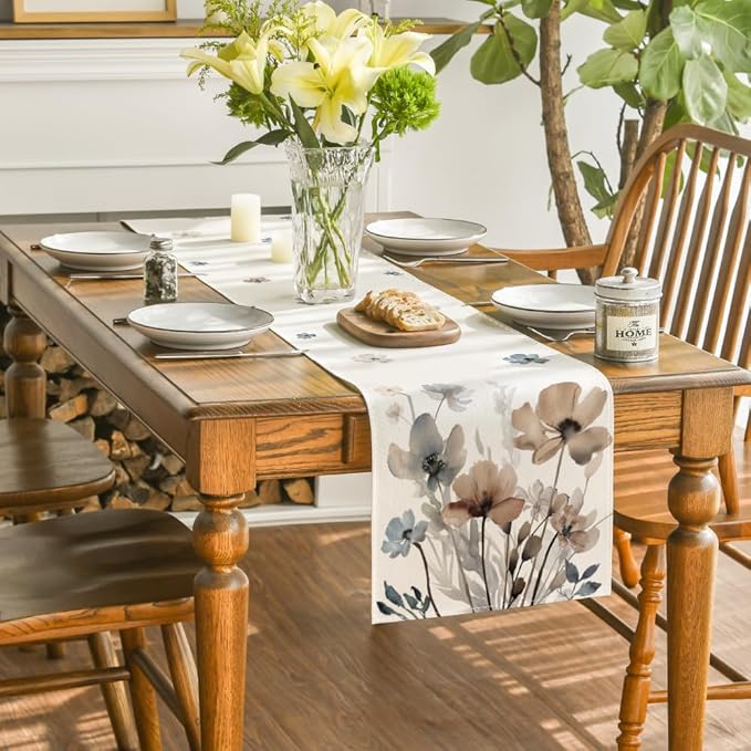 Artoid Mode Brown Poppy Floral Leaves Spring Table Runner, Seasonal Summer Kitchen Dining Table Decoration for Home Party Decor 13x36 Inch