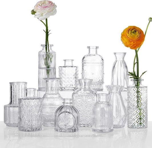 12 Pcs Small Glass Bud Vase Set of，Mini Vintage Vases in Bulk, Clear Bud Vases for Centerpieces， Rustic Wedding Decorations，Home Table Flower Décor.