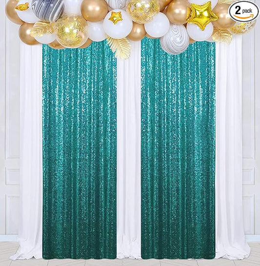 Poise3EHome 2Pcs 2Ft x 8Ft Teal Sequin Backdrop Curtains, Glitter Photography Background, Sequence Xmas Thanksgiving Backdrop for Wedding Party Holiday Festival Decor