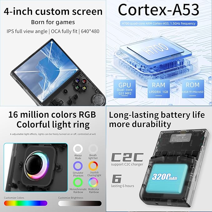RG40XX V Handheld Game Consoles RG40XXV Retro Game Console Built-in 64G TF Card Preloaded Games 5000+ RG 40XXV Portable Gaming Console Linux 64-bit Supports WiFi Bluetooth HD Output Black