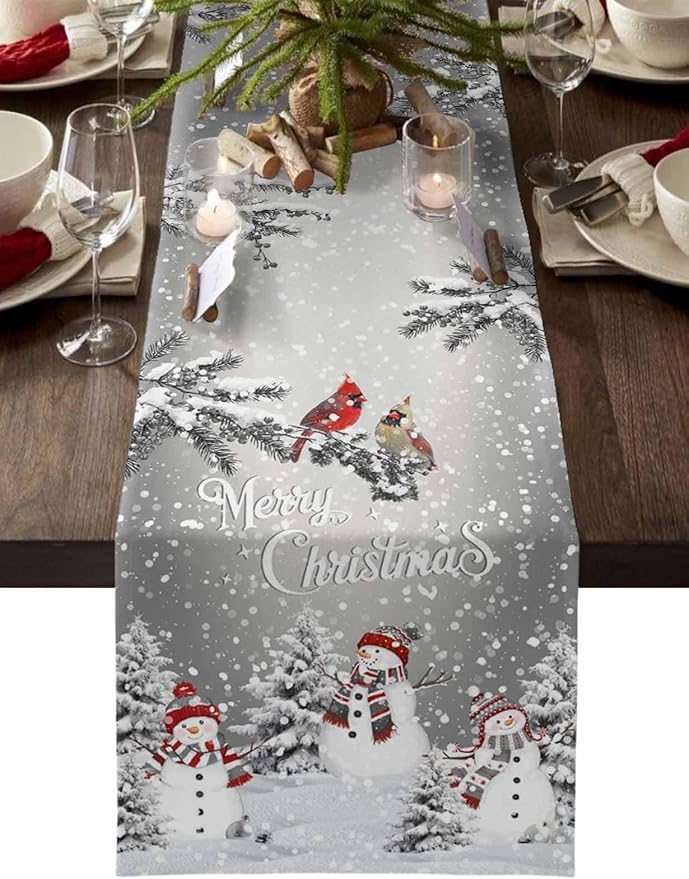 Christmas Snowman Cotton Linen Table Runner for Dining Kitchen, Snowflakes Xmas Pine Tree Wedding Outdoor Party Tablerunner Decoration Winter Bird Dresser Scarf Coffee Tablecloth Runners 13x120 Inches