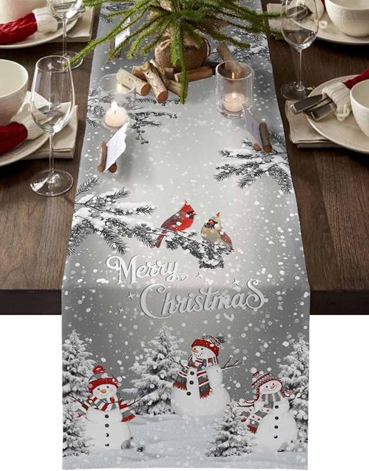 Christmas Snowman Cotton Linen Table Runner for Dining Kitchen, Snowflakes Xmas Pine Tree Wedding Outdoor Party Tablerunner Decoration Winter Bird Dresser Scarf Coffee Tablecloth Runners 13x36 Inches