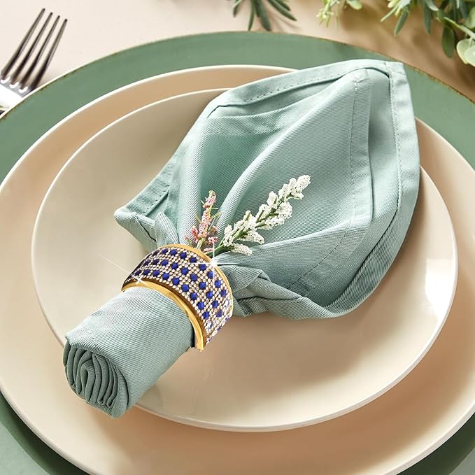 Rhinestone Napkin Ring Gold Napkin Rings Stainless Steel Blue Crystal Napkin Holder Set of 12 for Dinner, Wedding, Party, Holiday, Banquet,Everyday Table Setting Home Decor