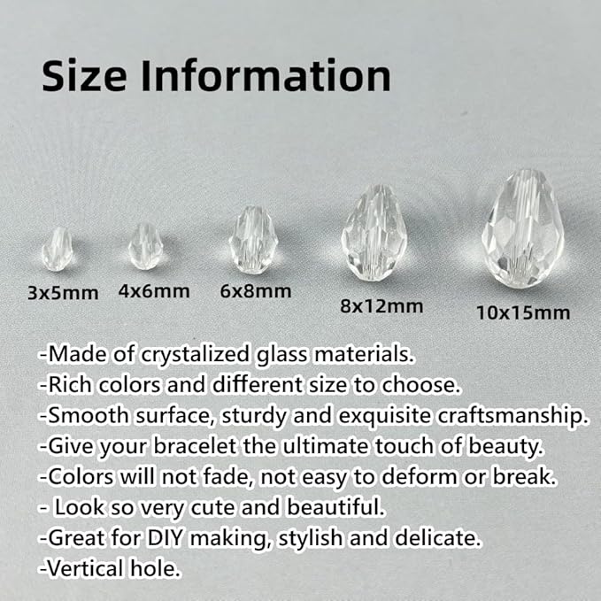 200pcs 3x5mm Teardrop Crystal Glass Beads for Jewelry Making, Faceted Vertical Hole Teardrop Glass Spacer Beads for Wind Chimes Bracelet Earring Necklace DIY Craft(Transparent)
