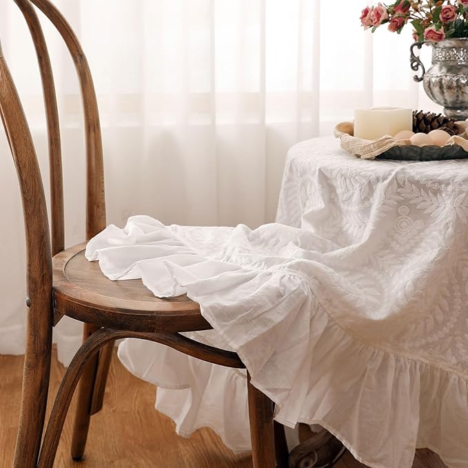 patdrea Vintage Ruffle Tablecloth for Round Tables,Farmhouse Embroidered Cotton White Lace Table Cloth Cover Decor for Dining Room Wedding Banquet Thanksgiving Christmas,Dimaeter 59"