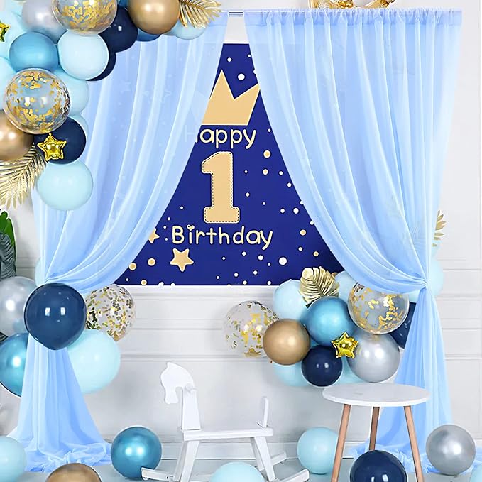 PARTISKY 10ftx10ft Blue Chiffon Sheer Backdrop Curtains, Wrinkle-Free Wedding Backdrop Drapes for Birthday Party Ceremony Arch Stage Decor Background for Photography 5ft x 10ft,2 Panels