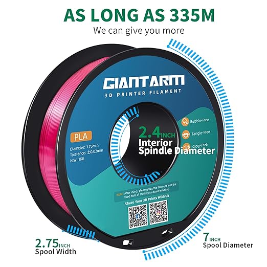 GIANTARM 3D Printer PLA Filament, Shiny Silk Rose Pink Magenta Toughness Enhanced Filament with 1.75mm Dimensional Accuracy +/-0.03mm, 1080 Feet per Roll, Vacuum Packaging, for Most 3D FDM Printer