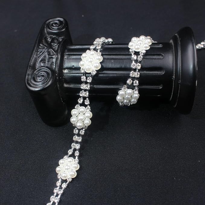 PEARLY JUN 2 Yards Pearl Rhinestone Trim Chain Silver Crystal Fringe Diamond Applique Ribbon String Tassel Strip for Sewing Wedding Dress Crafting Crafts Flower Embellishments