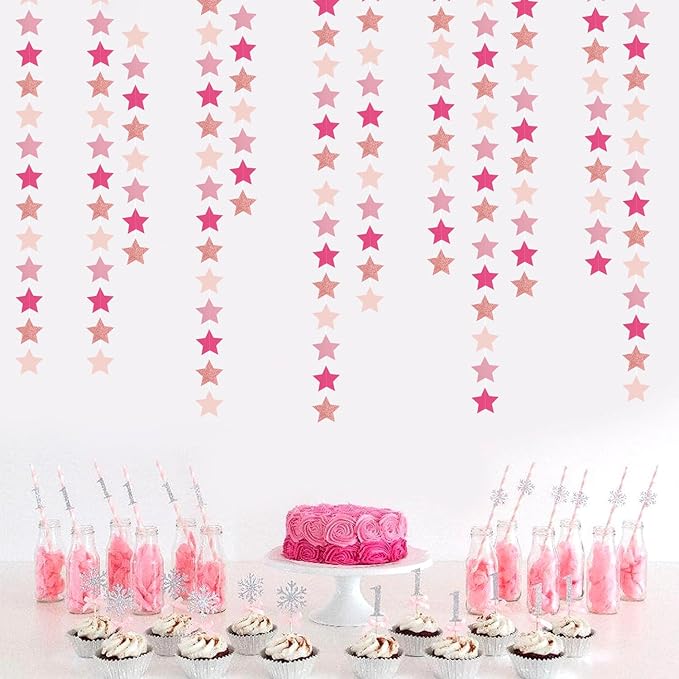 Hot-Pink Rose-Gold Party Decorations Garland - 62ft Twinkle Little Star Hanging Streamers Banner,Birthday Wedding Bridal Baby Shower Bachelorette Engagement Decor Hugtmr