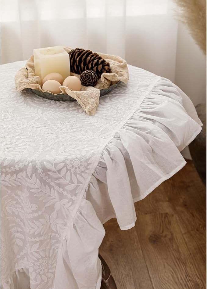 patdrea Vintage Ruffle Tablecloth for Rectangle Tables,Farmhouse Embroidered Cotton White Lace Table Cloth Cover Decor for Dining Room Wedding Banquet Thanksgiving Christmas,59"*75"