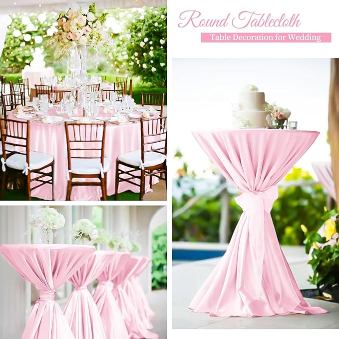 fani 12 Pack 108 Inch Light Pink Satin Tablecloth - Silky Round Tablecloth Overlay Smooth Fabric Table Cover, Bright Table Decoration for Wedding Party Banquet Events Restaurant Kitchen Dining
