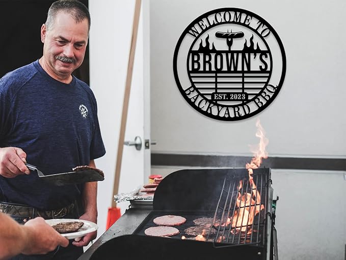 Personalized BBQ Grill Name Sign Custom Grill Sign Outdoor Kitchen Decor Grill Gifts for Dad Backyard BBQ Metal Sign BBQ Grill Sign Barbecue Outdoor Man Cave Decor