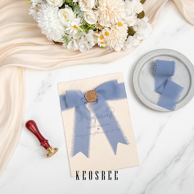 Baby Blue Dusty Blue Handmade Chiffon Ribbon,1.5" x 21Yd Frayed Silk Ribbons for Wreaths Bridal Flower Bouquet Christmas Gift Wrapping Wedding Decor Invitations Decorations (7Yards X 3 Rolls)