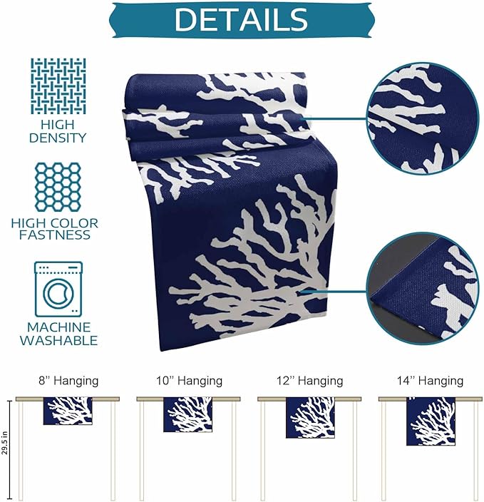 Coastal Coral Cotton Linen Table Runner for Dining Kitchen, Wedding Outdoor Party Tablerunners Decoration, Navy Blue Nautical Ocean Beach Dresser Scarf Coffee Tablecloth Runners 13x60 Inches