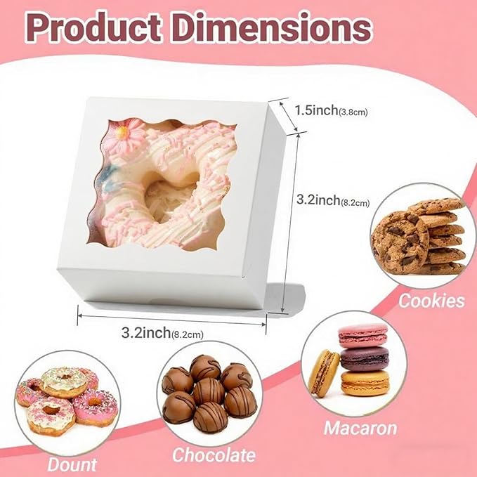 RomanticBaking 3.2" x 3.2" x 1.5" 100PCS Cookies, Soap, Chocolate Truffle, Donut, Macaron, Mini Bakery Boxes with Window