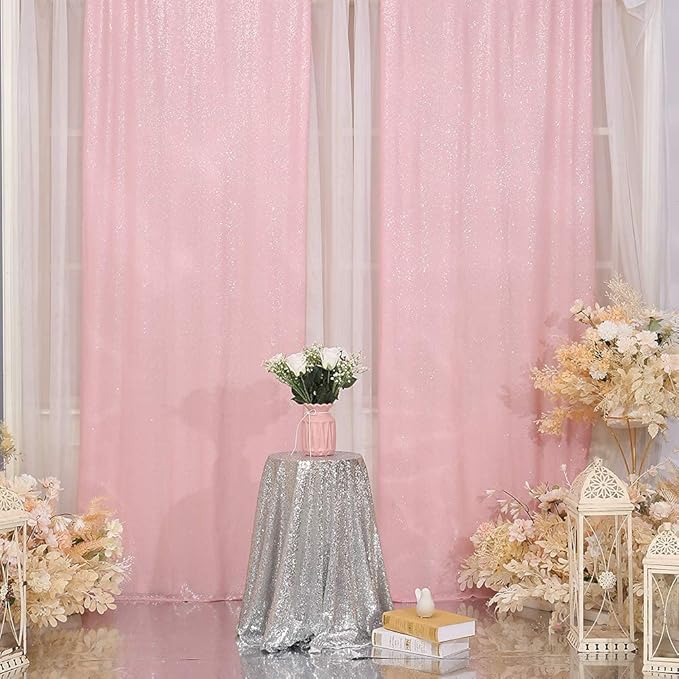 SquarePie Sequin Curtain 2FT x 8FT Pink 2pcs Backdrop Sparkly Wedding Valentine's Day Party Decoration
