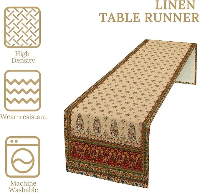 Boho Paisley Table Runner, Vintage Western Brown Dark Red Beige Flowers Leaves Print Table Runner for Kitchen Dining Table Wedding Holiday Party Decor, 13x36inch