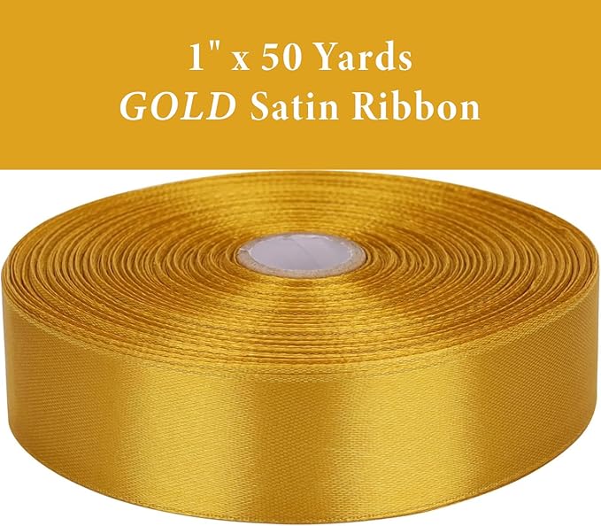 1" x 50 Yards Gold Satin Ribbon Single Faced Fabric Ribbons for Gift Wrapping, Crafting, Bows Making, Flower Bouquet, Wedding, Home Decor