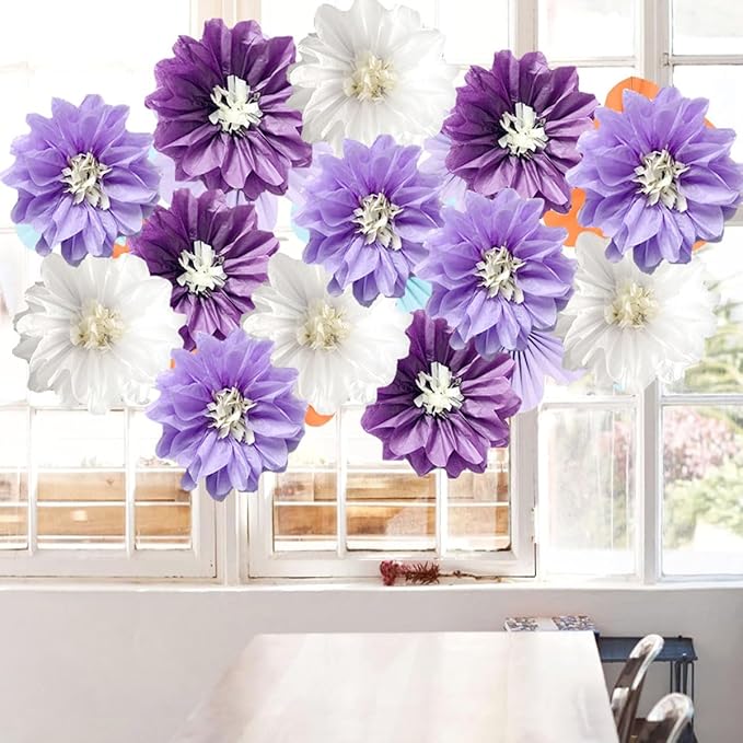 12pcs 10in 12in Paper Pom Poms Hanging Paper Flowers Wall Backdrop Wedding Party Flower Decorations DIY Art Craft Blooms for Birthday Baby Shower Nursery Decor Purple