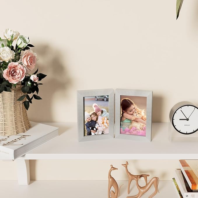 decorUhome Double 4x6 Picture Frame Vertical, Engineered Wood Bifold Photo Frame with Plexiglass for Tabletop Display, 4x6, Silver