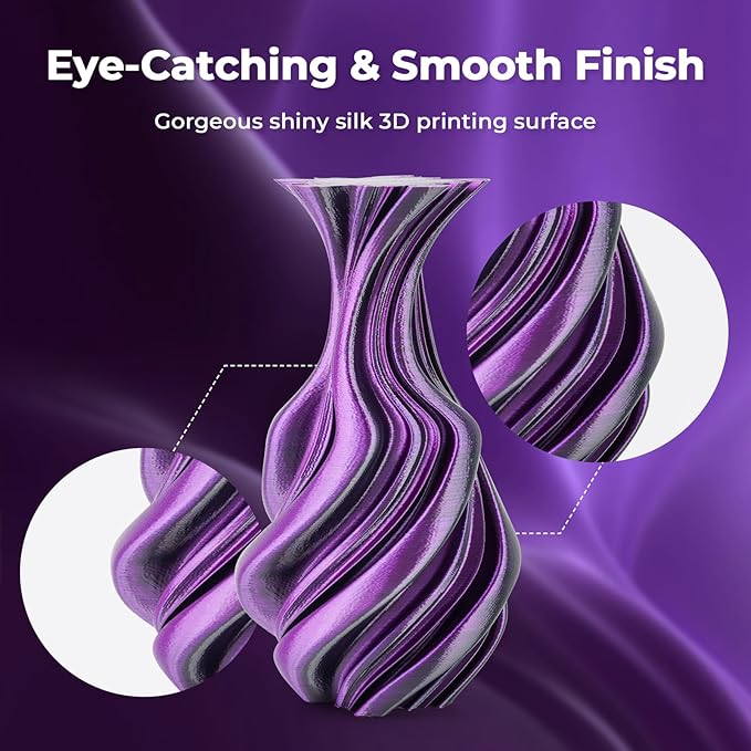 AMOLEN Silk PLA 3D Printer Filament, Dual Color PLA 1.75mm Shiny Color Change Filament 3D Printing PLA Filament for Most FDM 3D Printer, 1kg Spool(2.2lbs), Black Purple