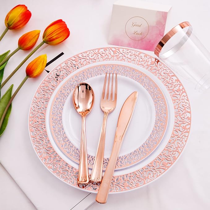 WELLIFE 175 Pieces Rose Gold Plastic Dinnerware,Rose Gold Dinnerware Set Include: 25 Dinner Plates 10.25", 25 Salad Plates 7.5", 25 Cups, 50 Forks, 25 Knives and 25 Spoons for Party