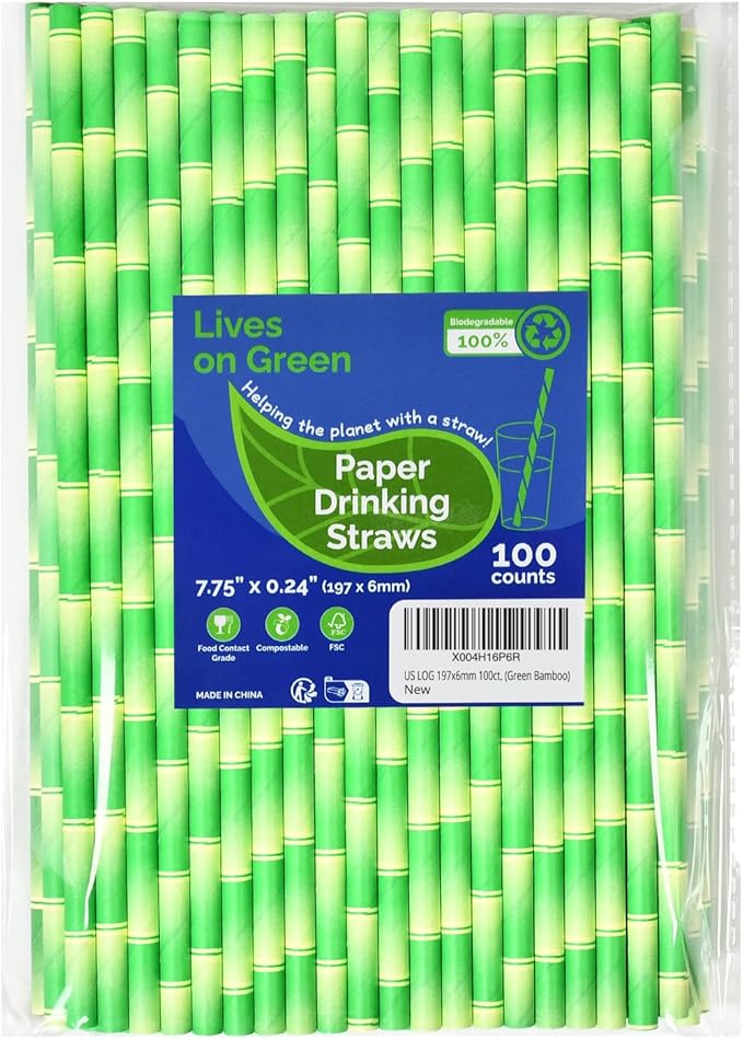 Paper Straws for Drinking Green Bamboo, 7.75" x 0.24" - for Cocktail, Juice, Iced Tea, 100% Biodegradable