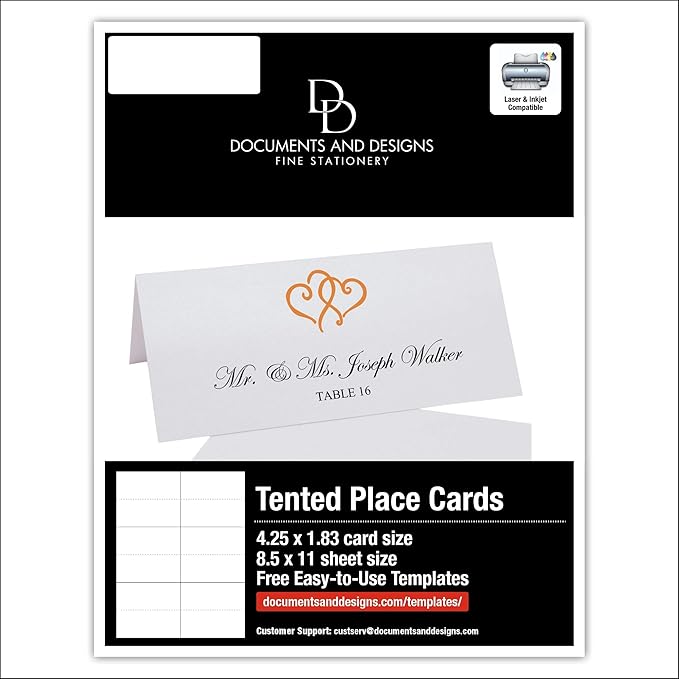 Linked Hearts Printable Place Cards, Orange (Choose Color), Set of 60 (10 Sheets), Laser & Inkjet Printers - Wedding, Party, Dinner, and Special Events - Made in the USA