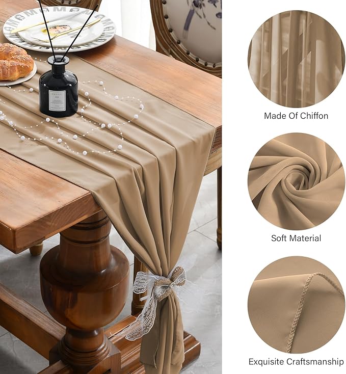 2 Pack 10 Ft Chiffon Table Runner Beige Gauze Long Table Runners 27x120 Inches Sheer Tulle Table Runner for Rustic Wedding Reception Bridal Shower Decorations Birthday Party