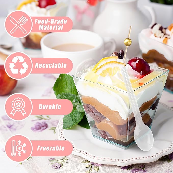 Kosotody 150 Pcs 5 OZ Dessert Cups with Spoons Cocktail Picks, Square Appetizer Cups Clear Mini Mini Party Serving Cups for Party Appetizers Pudding Yogurt Ice Cream Fruit