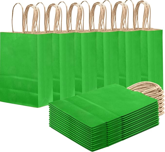 qiqee Bamboo Green Gift Bag with Handles Bulk 24Pcs Paper Bags -8.3"x6"x3. 15" Party Favor Bags - Solid Color