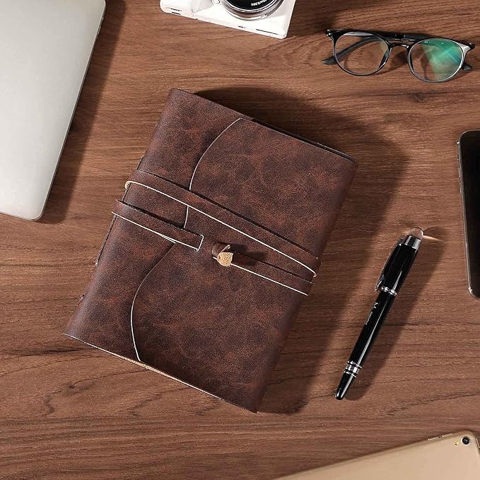 Leather Bound Journal for Men/Women, Rustic Vintage Handmade Large Writing Notebook with 240 Kraft Lined Pages(6x8 inches), Business/Travel Daily Notepad Sketchbook Gift - Brown