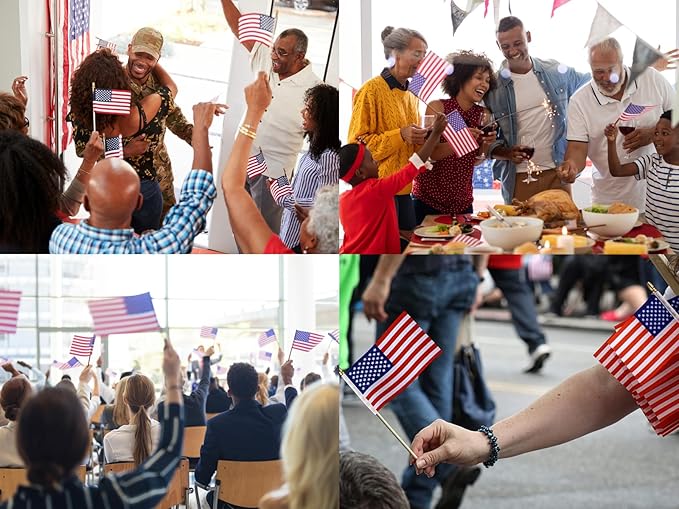 200pcs Small American Flags on Stick, Handheld 4 x 6 Inchs Mini American Flags with Kid-Safe Golden Spear Top, US Flags for 4th of July Decorations Outdoor, Independence Day Decorations