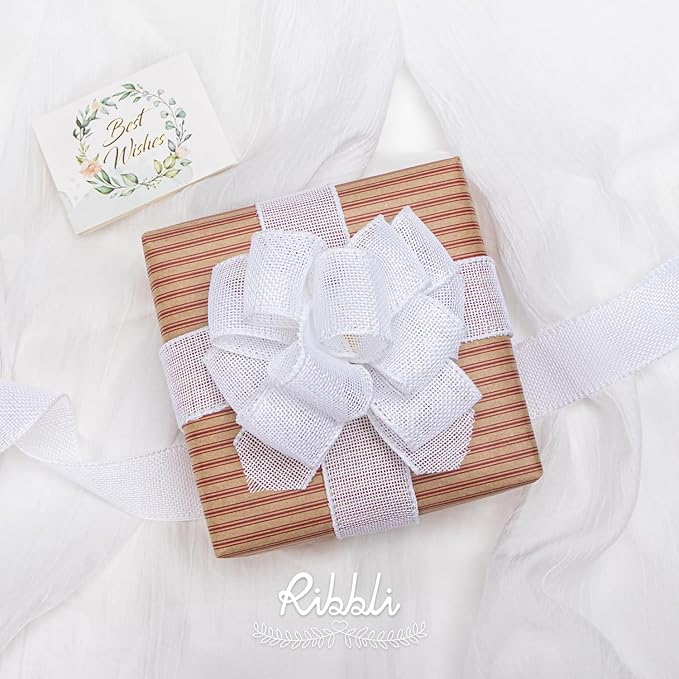 Ribbli White Burlap Wired Ribbon, 1-1/2” Inch x Continuous 20 Yard, White Wired Ribbon for Wreaths,Big Bows,Tree Decoration,Outdoor Decoration