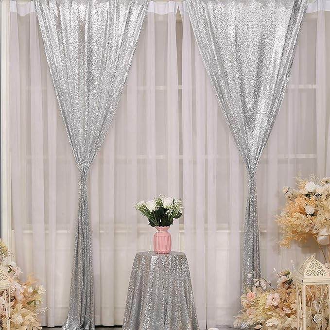 Poise3EHome 2Pcs 3Ft x 8Ft Silver Sequin Backdrop Curtain, Glitter Photography Background, Sequence Xmas Thanksgiving Backdrop for Wedding Party Holiday Festival Decor