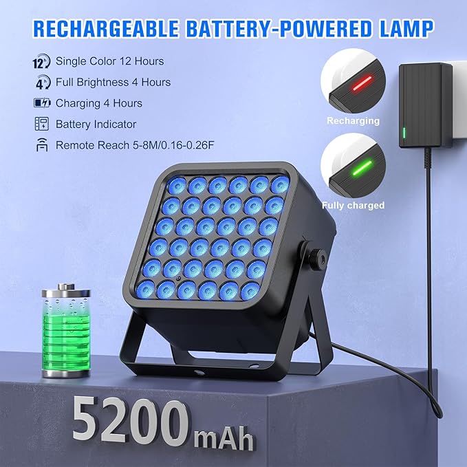 Rechargeable Par Can Lights, 72W RGB 5200mAh Uplights Battery Powered Stage Light, Wireless DJ Lights Sound Activated with Remote & DMX Control for Festivals, Weddings, Bars, Churches, DJ (10 Packs)