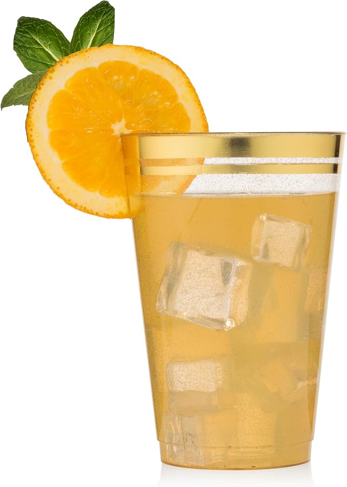 Perfect Settings 100 Premium 14oz Hard Plastic Cups Clear Glitter Gold Plastic Double Line Rimmed Cups Fancy Disposable Wedding Cups Elegant Party Cups with Twin Colored Rim (Glitter Gold Rim, 14)