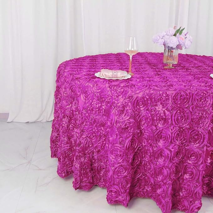 Efavormart 120" Wholesale Round Table Cover Fushia Grandiose Rosette 3D Satin Tablecloth for Wedding Party Event Decoration