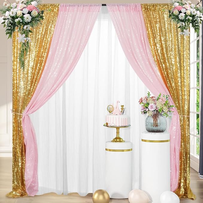 4 Panels Gold&Pink Sequin Backdrop Curtain 2FTx8FT Glitter Sequin Backdrop Curtains for Birthday Party Wedding Decoration