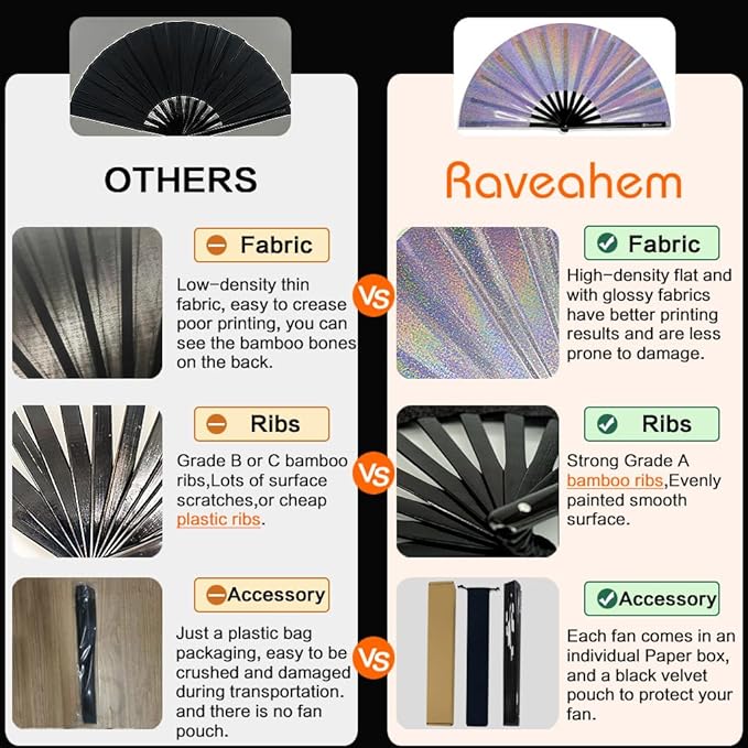 Large Rave Fan, Clack Folding Hand Fan with Premium Fabric, Thick Bamboo Frame for Men Women Gift for EDM, Festival, Club, Party, Dance, Decoration (Lridescent Purple, 11")