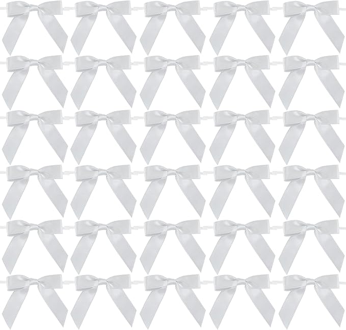 AIMUDI Silver Satin Ribbon Twist Tie Bows 2.5" Pretied Bows Premade Craft Bows for Treat Bags Cake Pop Gift Wrapping Basket Wedding Favors Cookie Candy Bagging Baby Shower - 50 Counts