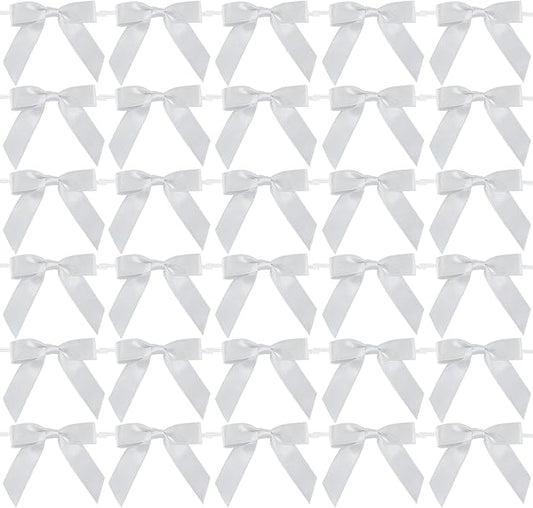 AIMUDI Silver Satin Ribbon Twist Tie Bows 2.5" Pretied Bows Premade Craft Bows for Treat Bags Cake Pop Gift Wrapping Basket Wedding Favors Cookie Candy Bagging Baby Shower - 50 Counts